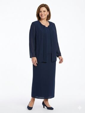 Danny & Nicole Navy Blue 2-Piece Beaded Jacket Dress Set Size 18W Formal Maxi